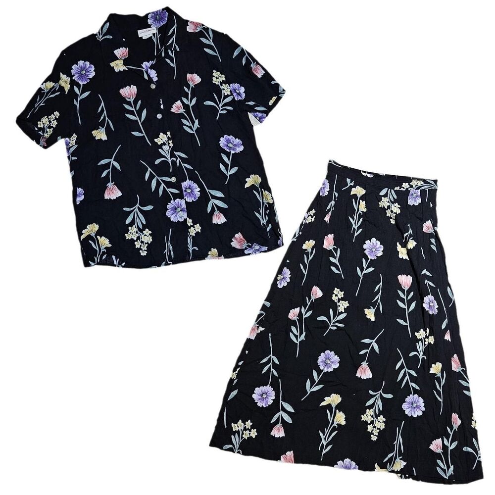 90s indie cottagecore black floral shirt and maxi skirt set
